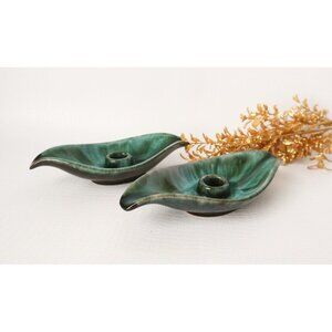 Vintage Blue Mountain Pottery Candle Holders Green Flow Glaze  BMP